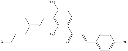 2',4,4'-トリヒドロキシ-3'-(3-メチル-6-オキソ-2-ヘキセニル)カルコン 化学構造式