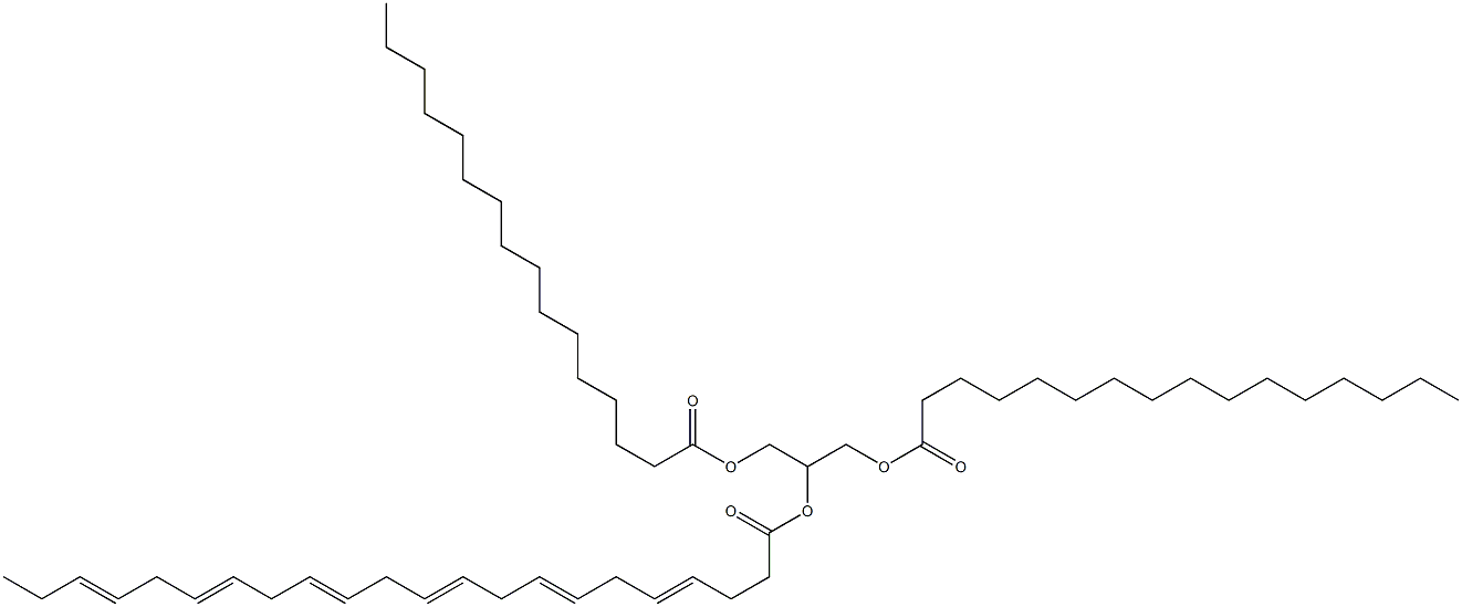 1-O,3-O-ビス(ヘキサデカノイル)-2-O-(1-オキソ-4,7,10,13,16,19-ドコサヘキサエン-1-イル)グリセロール 化学構造式