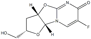 (2S,3aS,9aR)-2-(Hydroxymethyl)-7-fluoro-2,3,3a,9a-tetrahydro-6H-furo[2',3':4,5]oxazolo[3,2-a]pyrimidin-6-one Struktur
