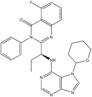 5-fluoro-3-phenyl-2-((1S)-1-((7-(tetrahydro-2H-pyran-2-yl)-7H-purin-6-yl)amino)propyl)quinazolin-4(3H)-one Struktur