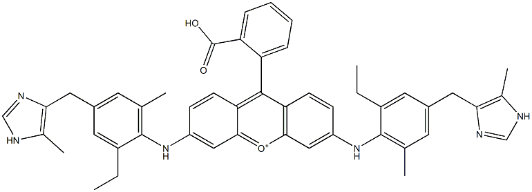 9-(2-カルボキシフェニル)-3,6-ビス[[2-エチル-6-メチル-4-[(5-メチル-1H-イミダゾール-4-イル)メチル]フェニル]アミノ]キサンチリウム 化学構造式