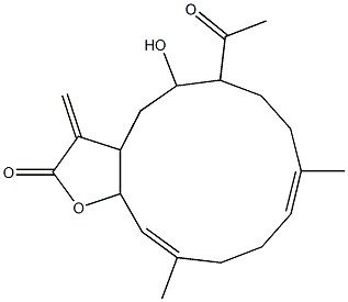(9E,13E)-6-アセチル-5-ヒドロキシ-9,13-ジメチル-3-メチレン-3,3a,4,5,6,7,8,11,12,14a-デカヒドロ-2H-シクロトリデカ[b]フラン-2-オン 化学構造式