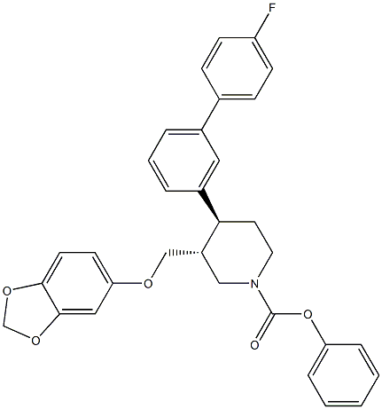 (trans)-phenyl3-((benzo[d][1,3]dioxol-5-yloxy)methyl)-4-(4'-fluoro-[1,1'-biphenyl]-3-yl)piperidine-1-carboxylate Struktur