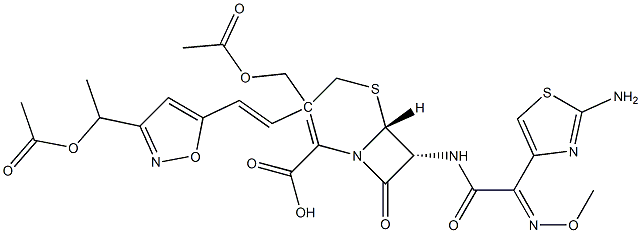 3-((3-(1-acetoxyethyl)isoxazol-5-yl)ethenyl)-7-((2-aminothiazol-4-yl)-2-(methoxyimino)acetamido)cephalosporanic acid Struktur