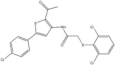 N1-[2-acetyl-5-(4-chlorophenyl)-3-thienyl]-2-[(2,6-dichlorophenyl)thio]acet amide Structure