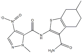 N-[3-(aminocarbonyl)-6-methyl-4,5,6,7-tetrahydro-1-benzothien-2-yl]-4-nitro-1-methyl-1H-pyrazole-5-carboxamide Struktur
