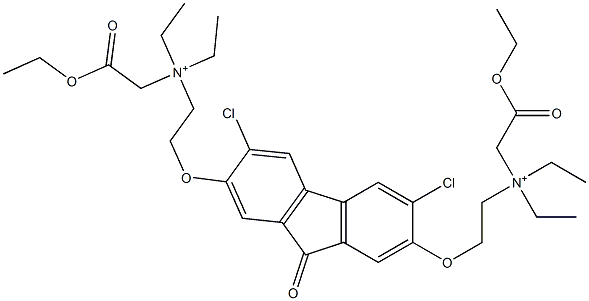 N-{2-[(3,6-dichloro-7-{2-[(2-ethoxy-2-oxoethyl)(diethyl)ammonio]ethoxy}-9-oxo-9H-fluoren-2-yl)oxy]ethyl}-2-ethoxy-N,N-diethyl-2-oxoethanaminium Struktur