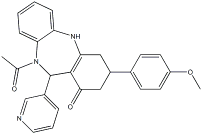 10-acetyl-3-(4-methoxyphenyl)-11-(3-pyridinyl)-2,3,4,5,10,11-hexahydro-1H-dibenzo[b,e][1,4]diazepin-1-one Struktur