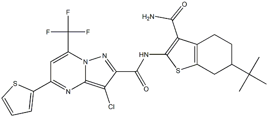 N-[3-(aminocarbonyl)-6-tert-butyl-4,5,6,7-tetrahydro-1-benzothien-2-yl]-3-chloro-5-(2-thienyl)-7-(trifluoromethyl)pyrazolo[1,5-a]pyrimidine-2-carboxamide Structure