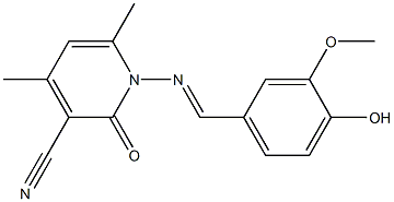 1-{[(E)-(4-hydroxy-3-methoxyphenyl)methylidene]amino}-4,6-dimethyl-2-oxo-1,2-dihydro-3-pyridinecarbonitrile 化学構造式