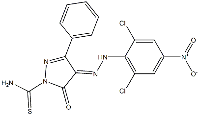 4-[(E)-2-(2,6-dichloro-4-nitrophenyl)hydrazono]-5-oxo-3-phenyl-4,5-dihydro-1H-pyrazole-1-carbothioamide Struktur