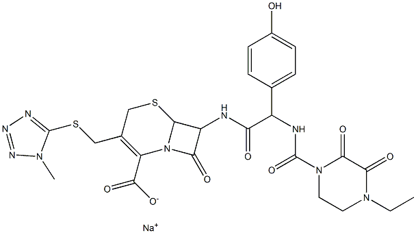 sodium 7-{[2-{[(4-ethyl-2,3-dioxo-1-piperazinyl)carbonyl]amino}-2-(4-hydroxyphenyl)acetyl]amino}-3-{[(1-methyl-1H-1,2,3,4-tetraazol-5-yl)sulfanyl]methyl}-8-oxo-5-thia-1-azabicyclo[4.2.0]oct-2-ene-2-ca rboxylate Struktur