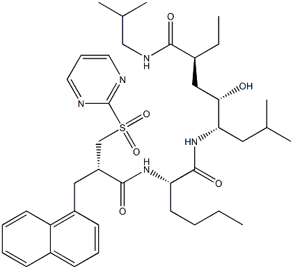 (2S,4S,5S)-N-(2-Methylpropyl)-5-[[(2S)-2-[[(2S)-2-(1-naphtylmethyl)-3-(pyrimidin-2-ylsulfonyl)propanoyl]amino]-1-oxohexyl]amino]-2-ethyl-4-hydroxy-7-methyloctanamide 结构式