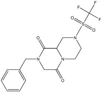 Hexahydro-2-benzyl-8-[(trifluoromethyl)sulfonyl]-4H-pyrazino[1,2-a]pyrazine-1,4(9aH)-dione Structure