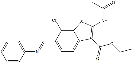 2-(アセチルアミノ)-6-フェニルイミノメチル-7-クロロベンゾ[b]チオフェン-3-カルボン酸エチル 化学構造式