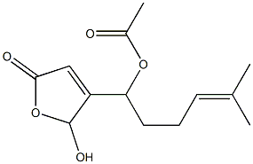 酢酸1-[(2,5-ジヒドロ-2-ヒドロキシ-5-オキソフラン)-3-イル]-5-メチル-4-ヘキセニル 化学構造式