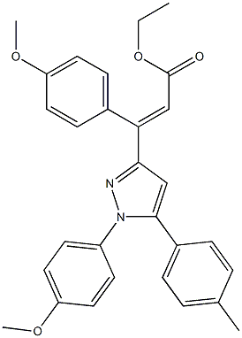 (E)-3-(4-メトキシフェニル)-3-[[1-(4-メトキシフェニル)-5-(4-メチルフェニル)-1H-ピラゾール]-3-イル]プロペン酸エチル 化学構造式