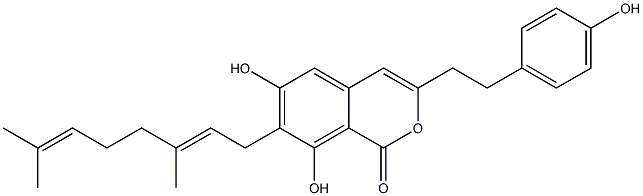 7-[(2E)-3,7-Dimethyl-2,6-octadienyl]-6,8-dihydroxy-3-[2-(4-hydroxyphenyl)ethyl]-1H-2-benzopyran-1-one Struktur