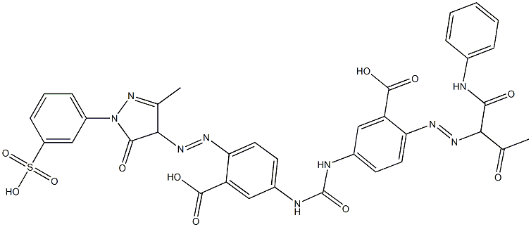 5-[[[[3-カルボキシ-4-[[[4,5-ジヒドロ-3-メチル-5-オキソ-1-(3-スルホフェニル)-1H-ピラゾール]-4-イル]アゾ]フェニル]アミノ]カルボニル]アミノ]-2-[[2-オキソ-1-[(フェニルアミノ)カルボニル]プロピル]アゾ]安息香酸 化学構造式