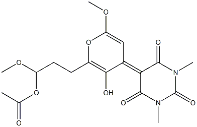 Acetic acid [1-methoxy-3-[4-[(1,3-dimethyl-2,4,6-trioxohexahydropyrimidin)-5-ylidene]-2-methoxy-5-hydroxy-4H-pyran-6-yl]propyl] ester 结构式