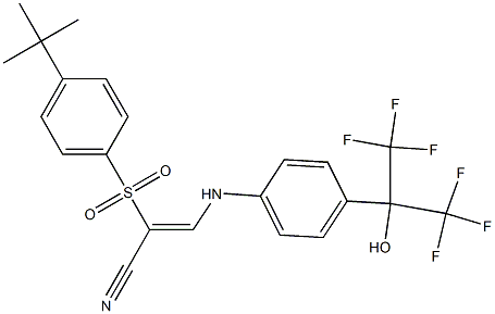2-((4-(Tert-butyl)phenyl)sulfonyl)-3-((4-(2,2,2-trifluoro-1-hydroxy-1-(trifluoromethyl)ethyl)phenyl)amino)prop-2-enenitrile 化学構造式
