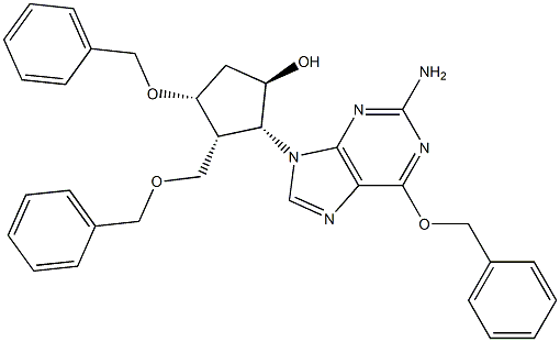 (1R,2R,3R,4R)-2-(2-amino-6-(benzyloxy)-9H-purin-9-yl)-4-(benzyloxy)-3-((benzyloxy)methyl)cyclopentan-1-ol Structure