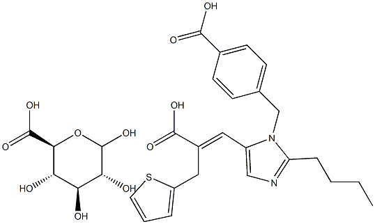 (E)-3-[2-Butyl-1-[(4-carboxyphenyl)methyl]imidazol-5-yl]-2-(2-thienylmethyl)-2-propenoic Acid -D-Glucuronide Structure