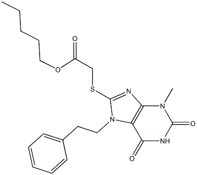 pentyl {[3-methyl-2,6-dioxo-7-(2-phenylethyl)-2,3,6,7-tetrahydro-1H-purin-8-yl]sulfanyl}acetate Struktur