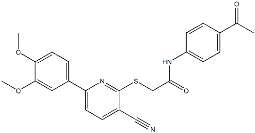 N-(4-acetylphenyl)-2-({6-[3,4-bis(methyloxy)phenyl]-3-cyanopyridin-2-yl}sulfanyl)acetamide Struktur
