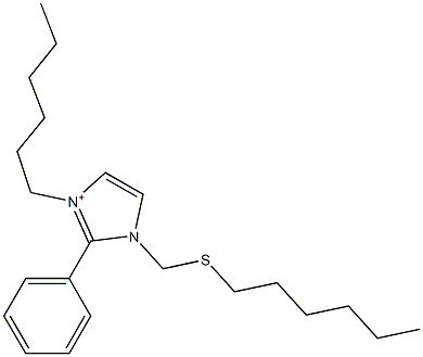 3-ヘキシル-2-フェニル-1-[(ヘキシルチオ)メチル]-1H-イミダゾール-3-イウム 化学構造式