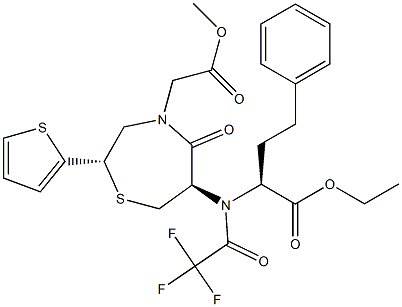 [[[2S,6R]-6-[N-[Trifluoromethylcarbonyl]-N-[(S)-1-(ethoxycarbonyl)-3-phenylpropyl]amino]hexahydro-5-oxo-2-(2-thienyl)-1,4-thiazepin]-4-yl]acetic acid methyl ester Struktur