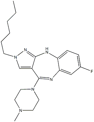 2-Hexyl-4-(4-methylpiperazin-1-yl)-7-fluoro-2,10-dihydropyrazolo[3,4-b][1,5]benzodiazepine 结构式