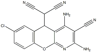 2-(2,4-diamino-7-chloro-3-cyano-5H-chromeno[2,3-b]pyridin-5-yl)malononitrile Struktur