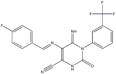 5-{[(E)-(4-fluorophenyl)methylidene]amino}-6-imino-2-oxo-1-[3-(trifluoromethyl)phenyl]-1,2,3,6-tetrahydro-4-pyrimidinecarbonitrile Struktur