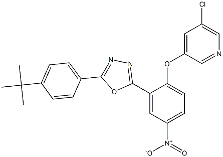 2-[4-(tert-butyl)phenyl]-5-{2-[(5-chloro-3-pyridyl)oxy]-5-nitrophenyl}-1,3,4-oxadiazole Struktur
