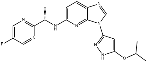 N-[(S)-1-(5-フルオロピリミジン-2-イル)エチル]-3-(5-イソプロポキシ-1H-ピラゾール-3-イル)-3H-イミダゾ[4,5-b]ピリジン-5-アミン 化学構造式