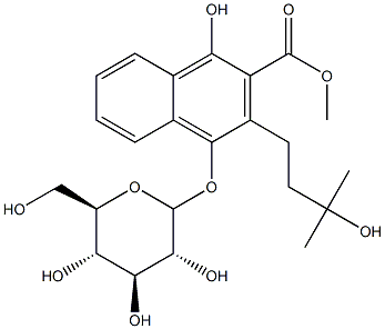 2-NAPHTHALENECARBOXYLIC ACID, 4-(D-GLUCOPYRANOSYLOXY)-1-HYDROXY-3-(3-HYDROXY-3-METHYLBUTYL)-, METHYL ESTER,125906-48-1,结构式