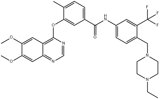 3-(6,7-dimethoxyquinazolin-4-yloxy)-N-(4-((4-ethylpiperazin-1-yl)methyl)-3-(trifluoromethyl)phenyl)-4-methylbenzamide Struktur