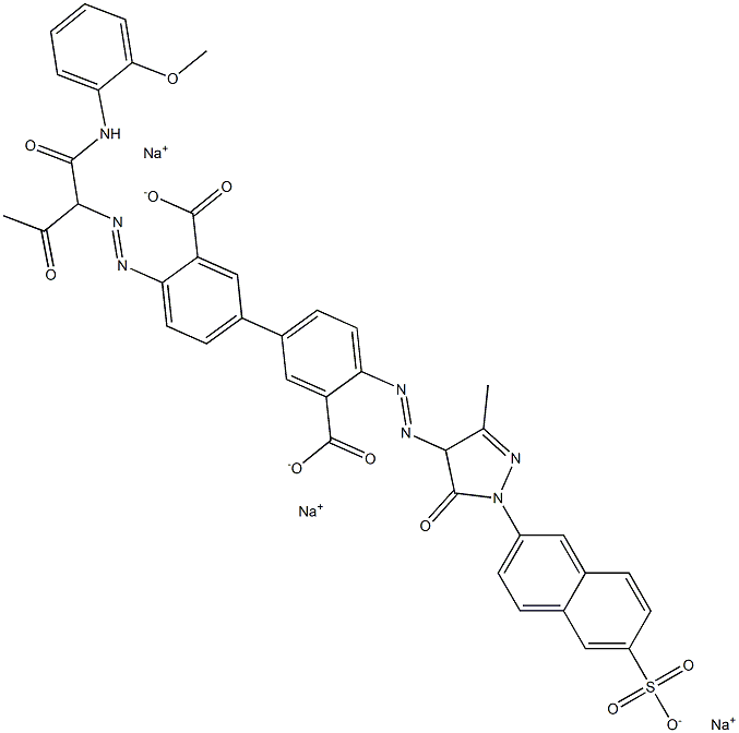 [1,1'-Biphenyl]-3,3'-dicarboxylic acid, 4-[[4,5-dihydro-3-methyl-5-oxo-1-(6-sulfo-2-naphthalenyl)-1H-pyrazol-4-yl]azo]-4'-[[1-[[(2-methoxyphenyl)amino]carbonyl]-2-oxopropyl]azo]-, trisodium salt,13194-82-6,结构式