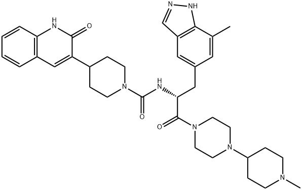 1-Piperidinecarboxamide, 4-(1,2-dihydro-2-oxo-3-quinolinyl)-N-[(1R)-1-[(7-methyl-1H-indazol-5-yl)methyl]-2-[4-(1-methyl-4-piperidinyl)-1-piperazinyl]-2-oxoethyl]- Struktur