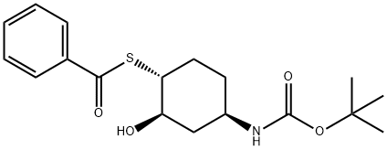 {(1R,2R,4R)-4-[(tert-butoxycarbonyl)-amino]-2-hydroxy-cyclohexyl} benzene-carbothioate 化学構造式