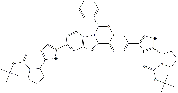 tert-butyl (2S)-2-{4-[(6S)-10-{2-[(2S)-1-(tert-butoxycarbonyl)pyrrolidin-2-yl]-1H-imidazol-5-yl}-6-phenylindolo[1,2-c][1,3]benzoxazin-3-yl]-1H-imidazol-2-yl}pyrrolidine-1-carboxylate,1369595-05-0,结构式