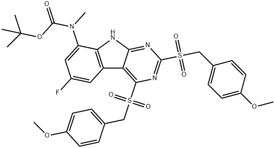 Carbamic acid, N-[6-fluoro-2,4-bis[[(4-methoxyphenyl)methyl]sulfonyl]-9H-pyrimido[4,5-b]indol-8-yl]-N-methyl-,1,1-dimethylethyl ester,1400809-02-0,结构式