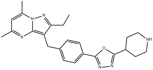 2-(4-((2-ethyl-5,7-dimethylpyrazolo[1,5-a]pyrimidin-3-yl)methyl)phenyl)-5-(piperidin-4-yl)-1,3,4-oxadiazole 化学構造式