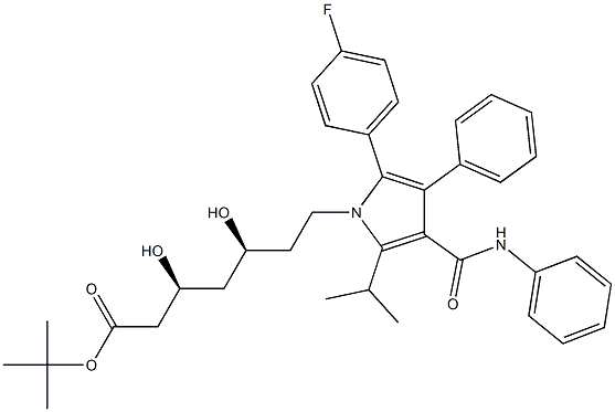 (3S,5S)-tert-butyl 7-(2-(4-fluorophenyl)-5-isopropyl-3-phenyl-4-(phenylcarbamoyl)-1H-pyrrol-1-yl)-3,5-dihydroxyheptanoate Struktur