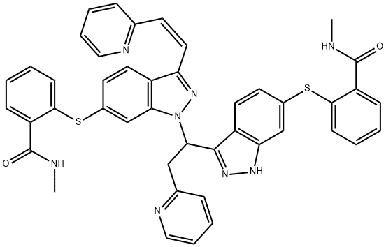 Benzamide, N-methyl-2-[[1-[1-[6-[[2-[(methylamino)carbonyl]phenyl]thio]-1H-indazol-3-yl]-2-(2-pyridinyl)ethyl]-3-[(1Z)-2-(2-pyridinyl)ethenyl]-1H-indazol-6-yl]thio]- Structure