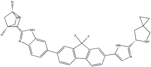 (6S)-6-[5-[7-[2-(1R,3S,4S)-2-AZABICYCLO[2.2.1]HEPT-3-YL-1H-BENZIMIDAZOL-6-YL]-9,9-DIFLUORO-9H-FLUOREN-2-YL]-1H-IMIDAZOL-2-YL]-5-AZASPIRO[2.4]HEPTANE, 1499193-66-6, 结构式