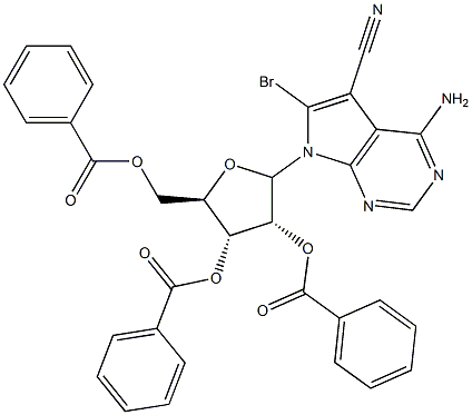 (2R,3R,4R,5R)-二苯甲酸[2-(4-氨基-6-溴-5-氰基-7H-吡咯并[2,3-D]嘧啶-7-基)-5-[(苯甲酰基氧基)甲基]四氢呋喃-3,4-二基酯, 151707-53-8, 结构式