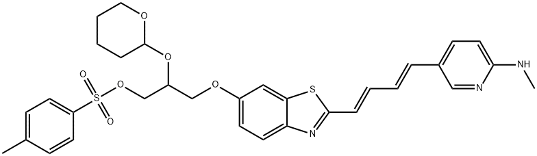 3-(2-((1E,3E)-4-(6-(methylamino)pyridin-3-yl)buta-1,3-dienyl)benzo[d]thiazol-6-yloxy)-2-(tetrahydro-2H-pyran-2-yloxy)propyl 4-methylbenzenesulfonate,1565797-32-1,结构式