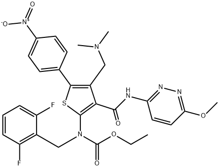 Carbamic acid, N-[(2,6-difluorophenyl)methyl]-N-[4-[(dimethylamino)methyl]-3-[[(6-methoxy-3-pyridazinyl)amino]carbonyl]-5-(4-nitrophenyl)-2-thienyl]-, ethyl ester Structure